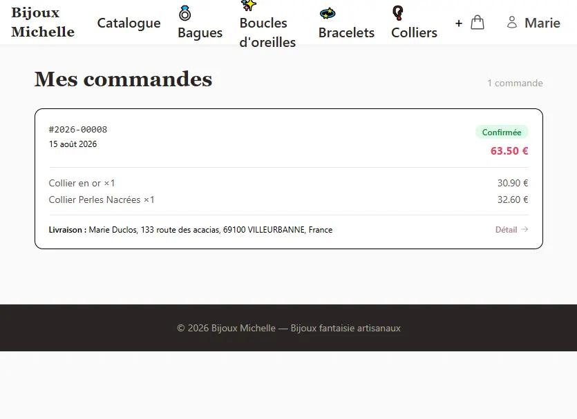 Application e-commerce de vente de bijoux - Mes commandes