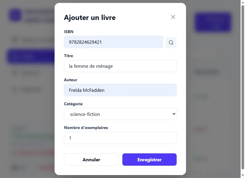 Application Full-Stack de Gestion de Bibliothèque sur Mesure - Ajout Livre